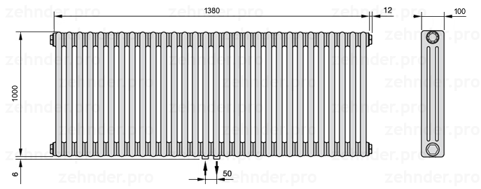 Схема (чертеж) Радиатор Zehnder Charleston 3100/30 №3470 Белый глянцевый RAL 9016